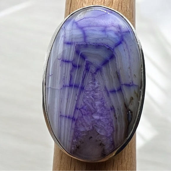 New Purple Enhanced Botswana Agate Dragon Vein Silver Overlay Ring Size 8 - Picture 8 of 9